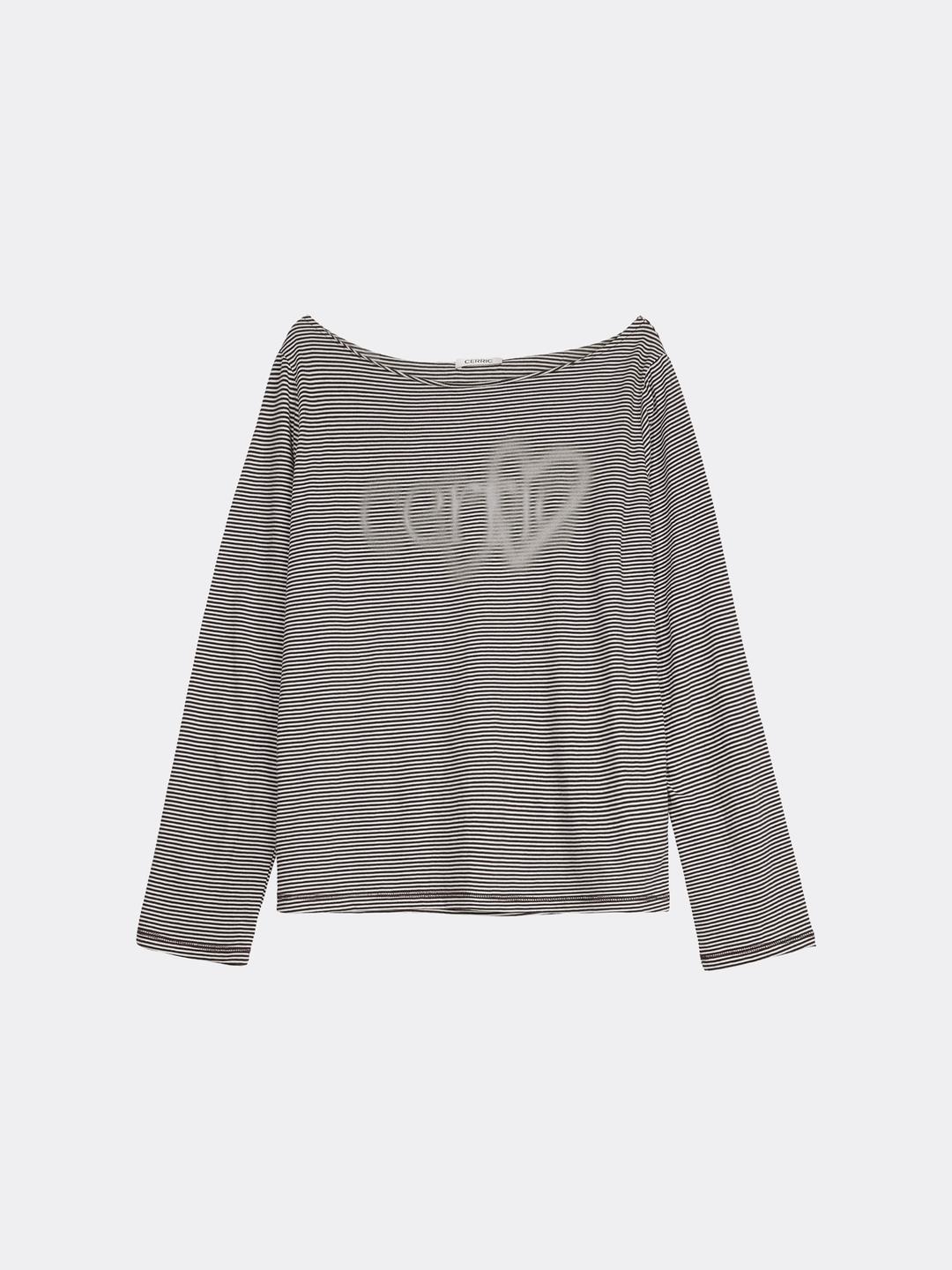 세릭 STRIPE HEART BOAT NECK TOP-BROWN
