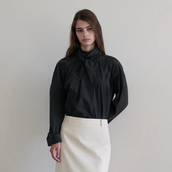 [7th] Draped Half-Neck Tie Blouse_Charcoal