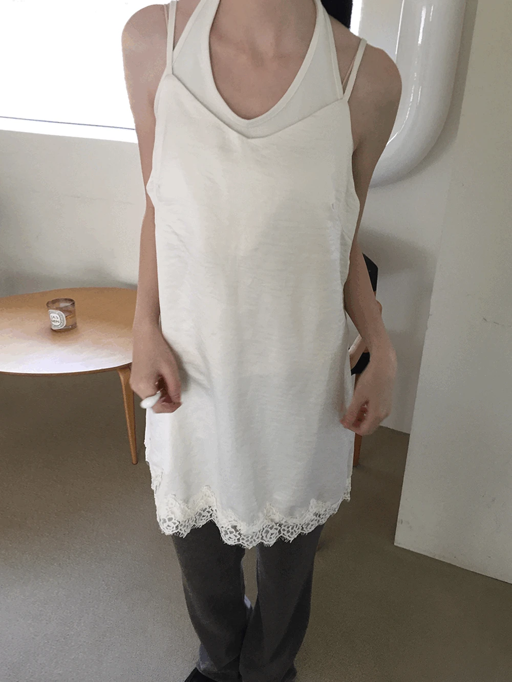 런드 새틴 슬립 레이스 원피스