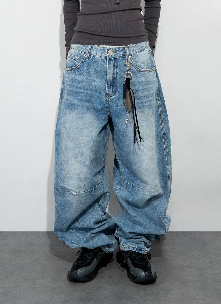 [unisex] 스톤 백 비조 배기 와이드 데님