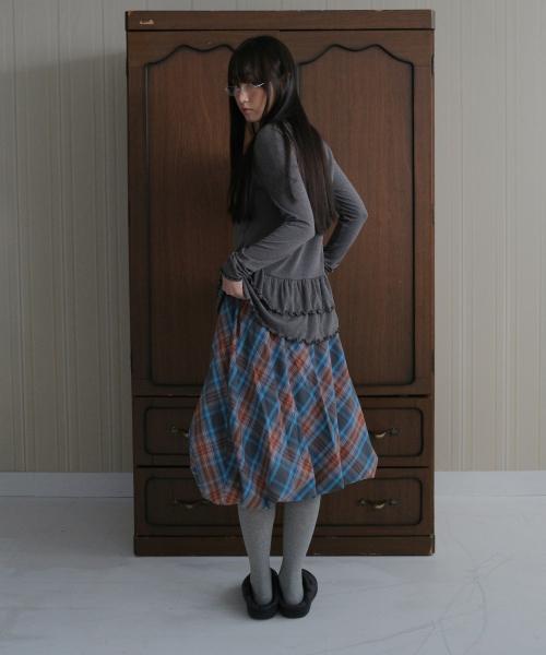 Puff check midi skirt_blue