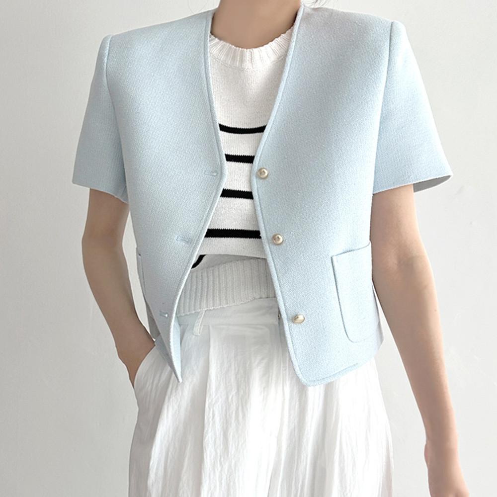 브이 골드 반팔 트위드 자켓