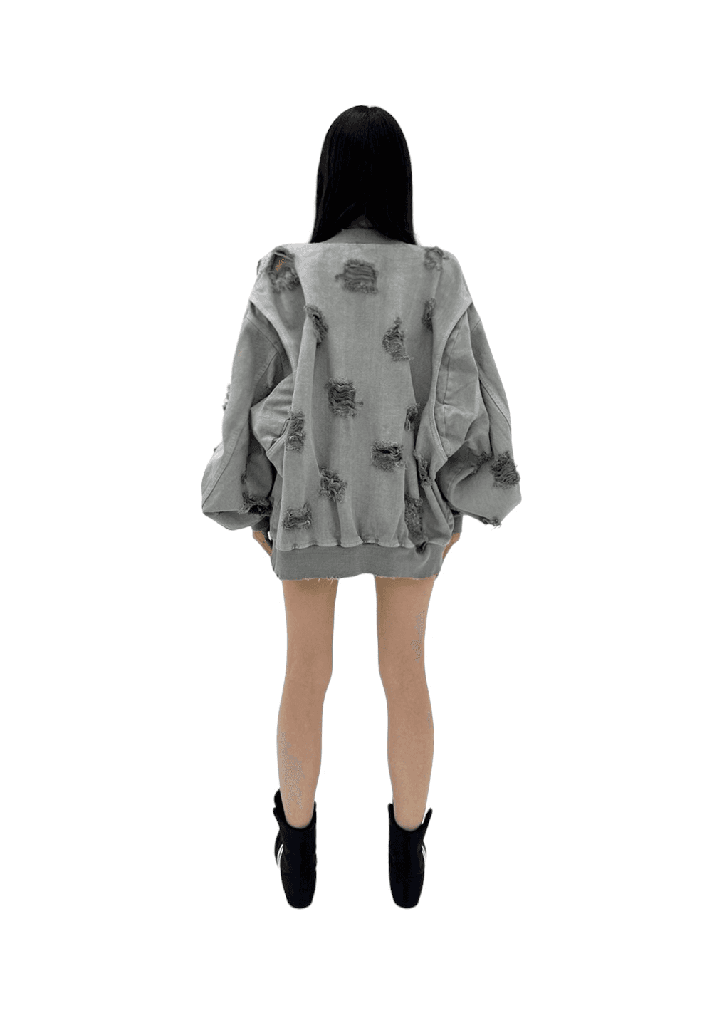 DAMAGED DENIM BOMBER JACKET [LIGHT GRAY]