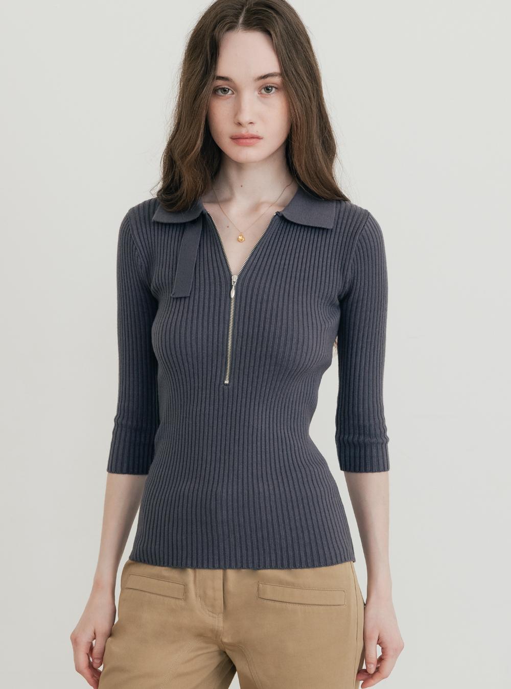 (W) 라운지 하프 니트 폴로 셔츠 차콜