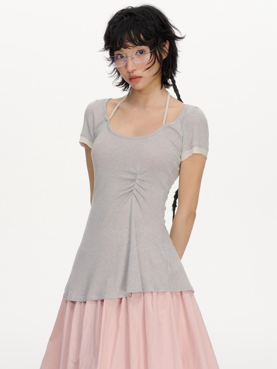 NECY STUDIO Color Halter Pleats Flare Top (2color)