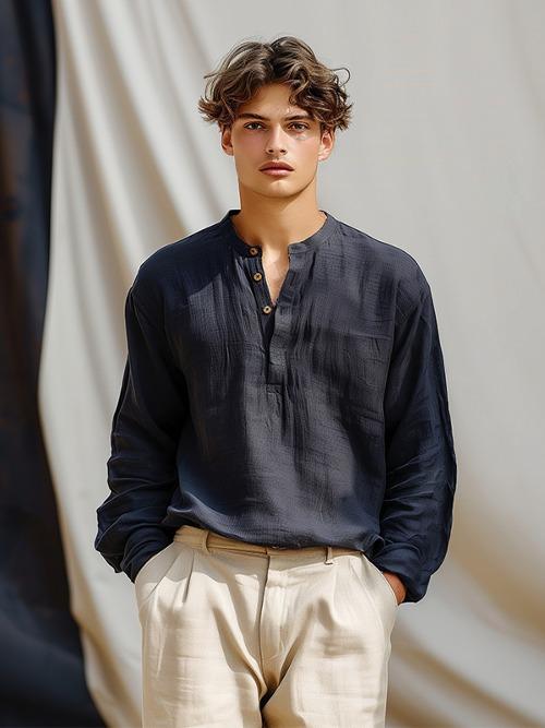 에르덴 린넨 혼방 헨리넥 셔츠