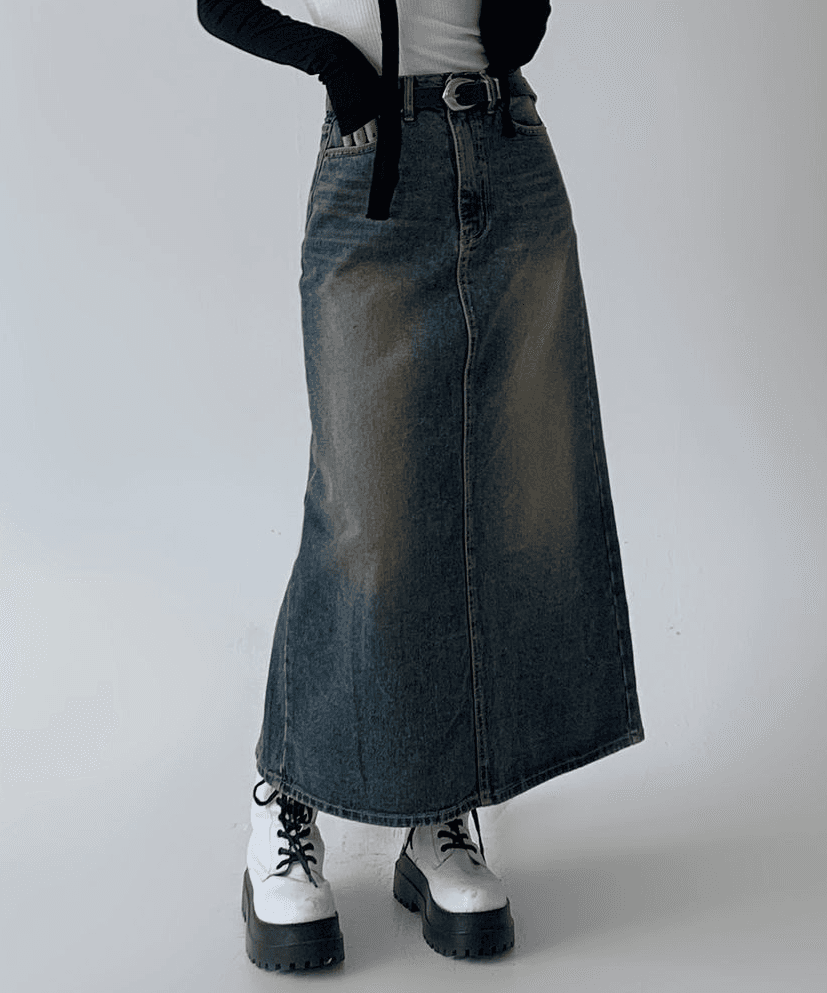 아스타틴 [S~3XL] 위드 빈티지 워싱 밴딩 롱 데님 스커트 (2 colors)