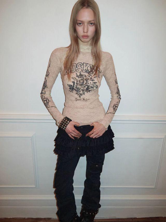 [1JINN STUDIO] Rose Lace Print Sheer Mock Neck Top