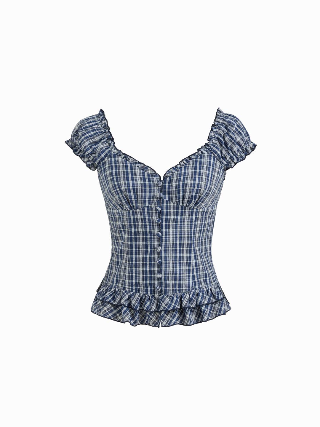 Sweetheart Tartan Ruched Lettuce Trim Layered Blouse