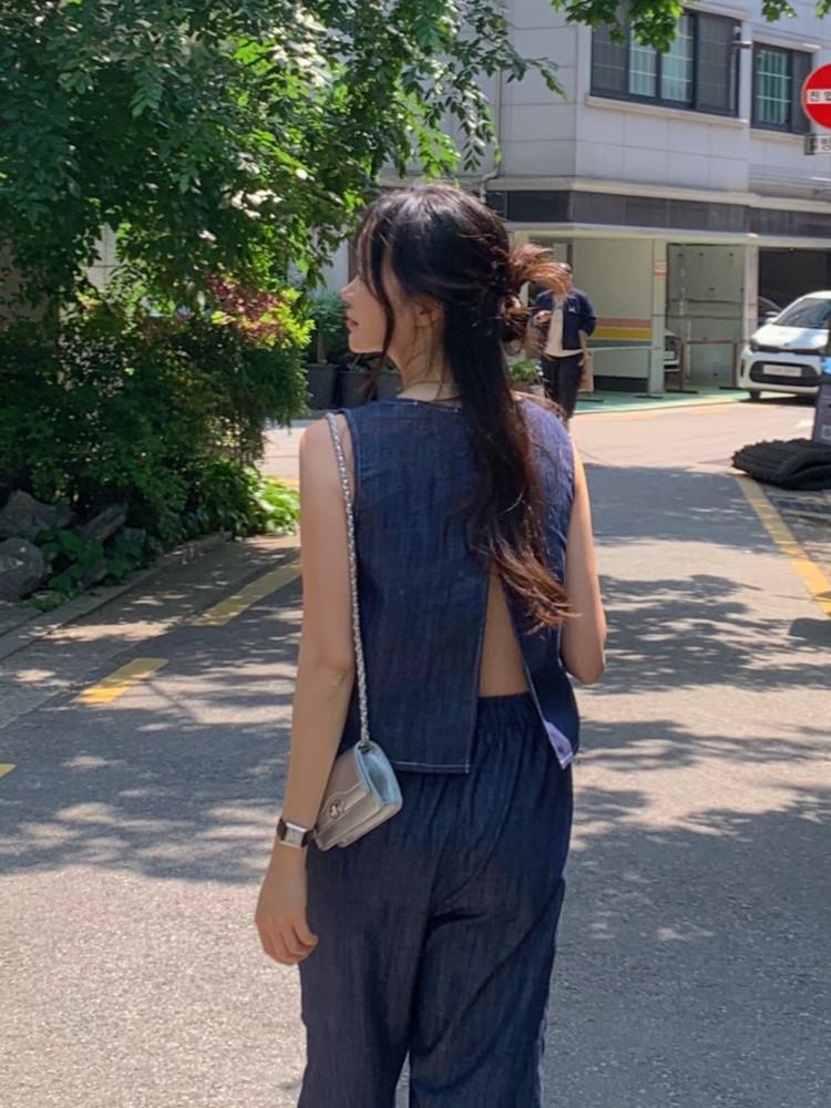 [논페이드/세트가능] 생지 나시 블라우스 트임 라운드 상하세트 데님 슬리브리스