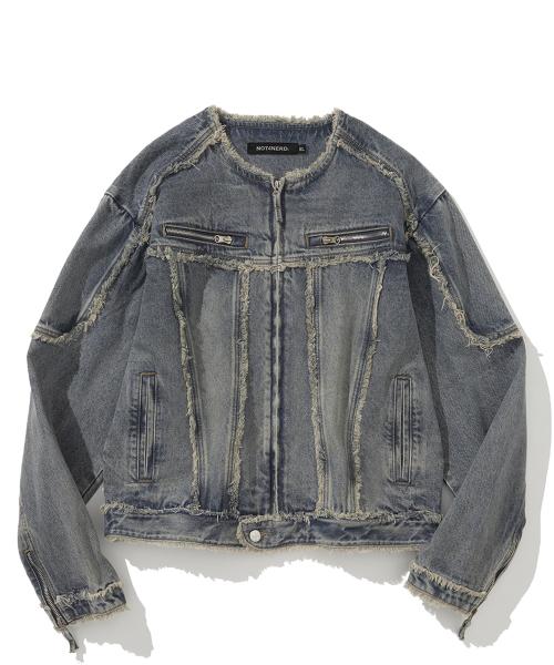 Cut Off Non-Collar Denim Jacket - Deep Blue