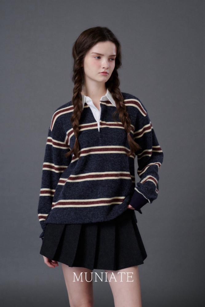 [MUNIATE/무니에트] forest 포레스트 포터 럭비 티셔츠 스트라이프 단가라 카라 티