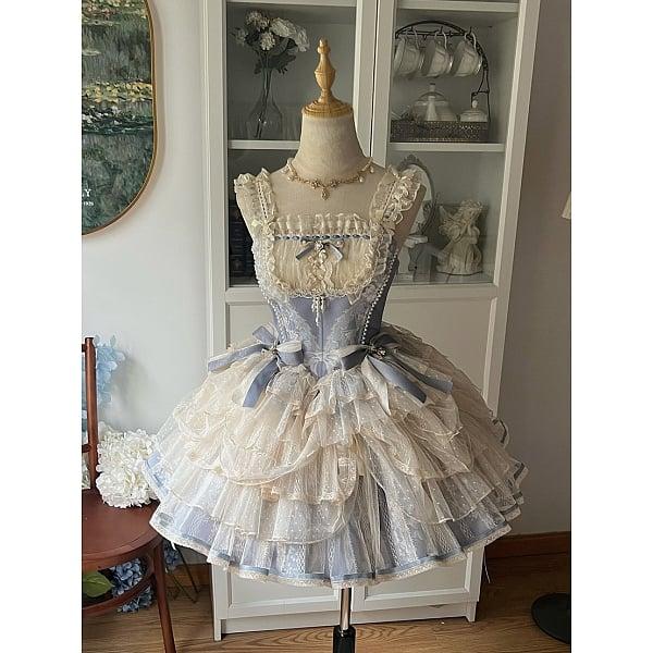 [$147.00]Blue Boned Corset Top + Blue Floral Print Skirt Set