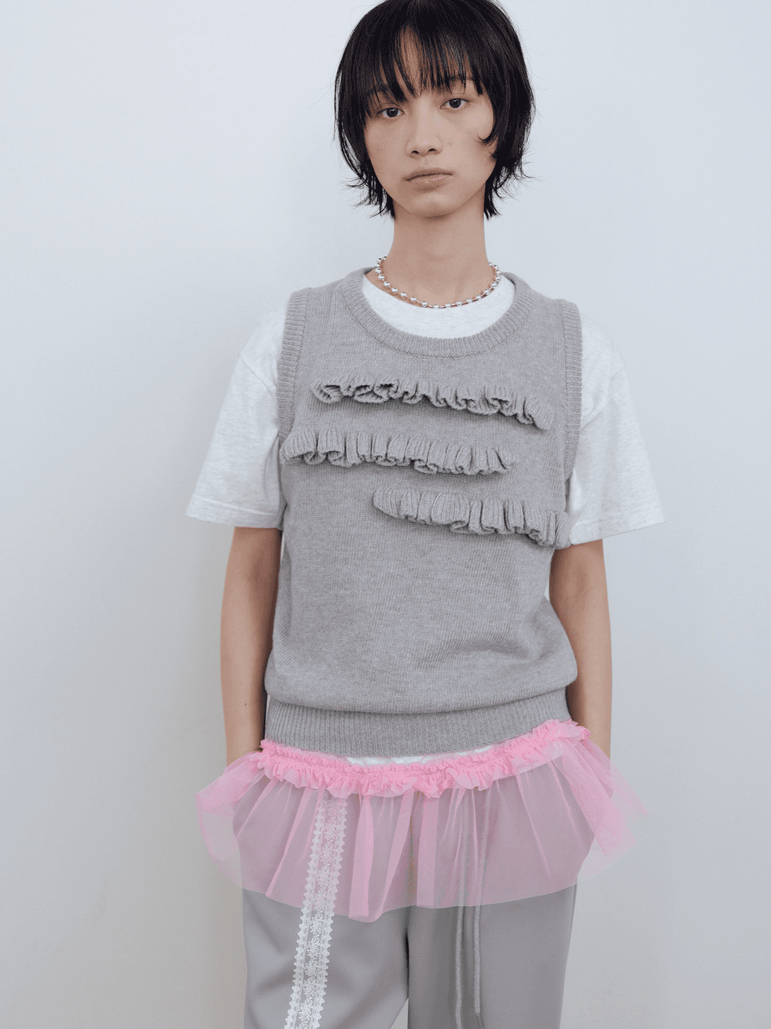FRILL KNIT VEST_GREY