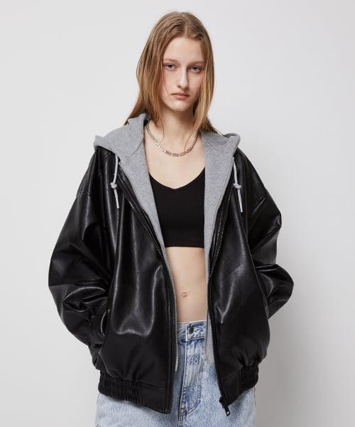 [후드 탈부착]9008 비건레더오버핏후드점퍼_블랙