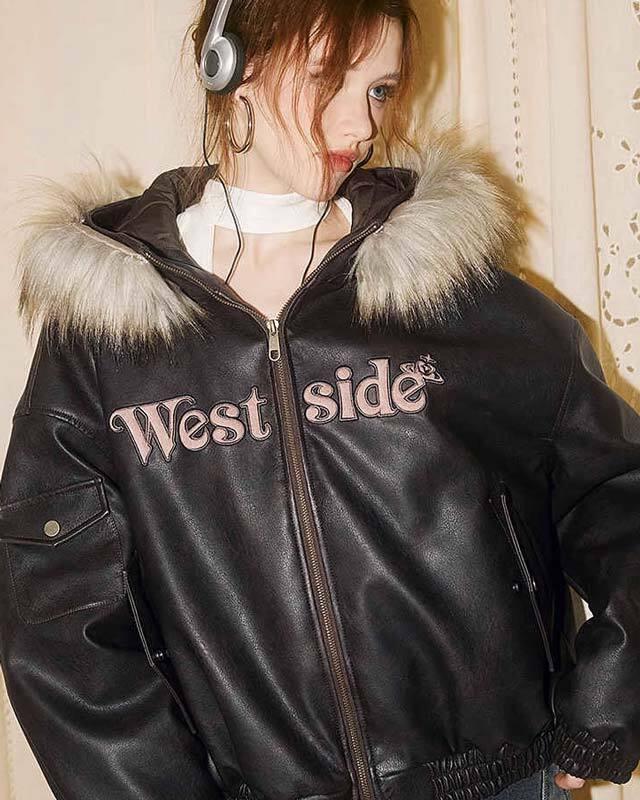 I'MONE PU레더 퍼라인 후드자켓 (브라운)