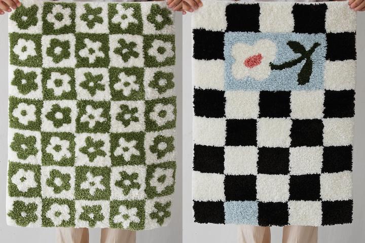플라워 체커보드 프리미엄 터프팅 유니크 러그 욕실 발매트 2color