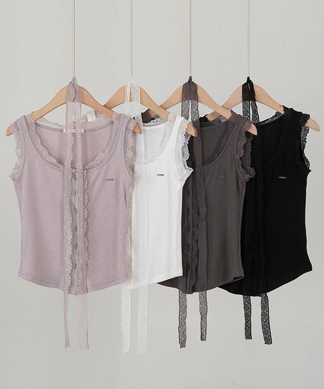 반셀 [4C] 레이스 타이 니트 스판 나시 레이스나시 이너뮤트 레이어드 페미닌 이너티 니트나시 니트 슬리브리스