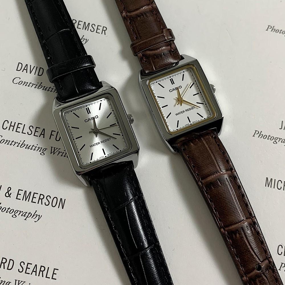 남자 여자 공용 카시오 미니 사각 블랙 브라운 패션 가죽 손목시계 2color