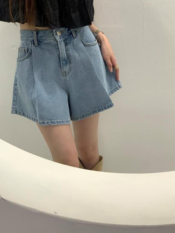 🎀핏예쁨🎀네이트 핀턱 와이드 데님 5부 주름 플레어 청 반바지 팬츠