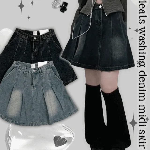 [데일리힙]비커워싱데님플리츠미디스커트(2color)