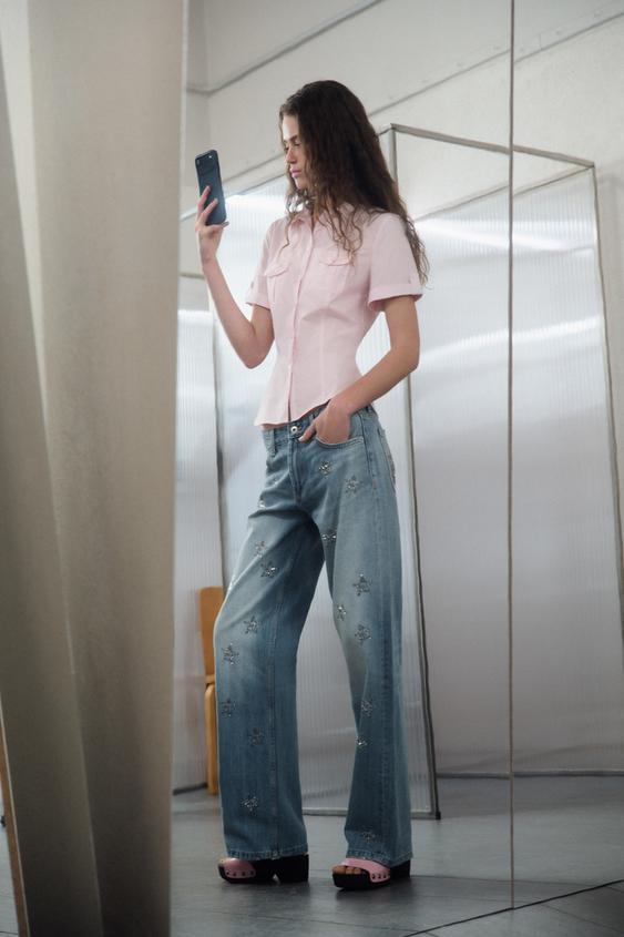 JEANS TRF WIDE LEG 스트라스 로우라이즈