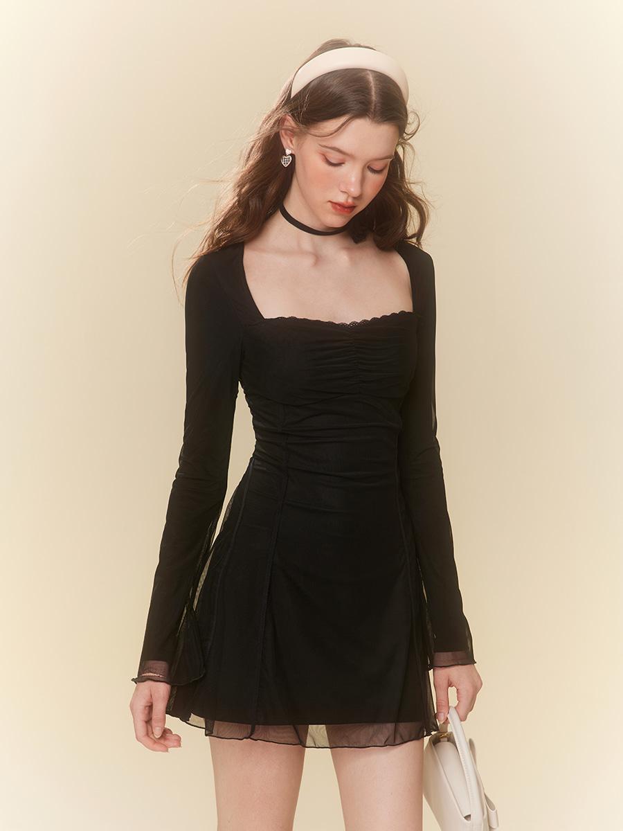 [MESS STUDIO] Square Neck Mesh Lace Dress
