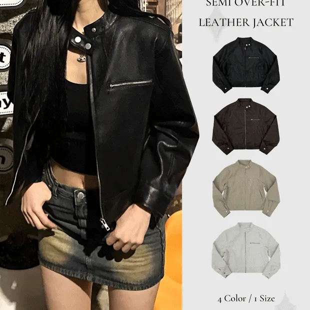[고퀄🖤/세미오버핏] 무광 노카라 레더 라이더 크롭 집업 자켓 -4color