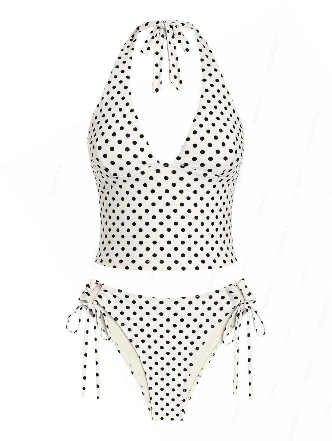 Seamolly Retro Pin-Up Vintage Polka Dot Print Plunging Neck Halter Cinched Tankini Set