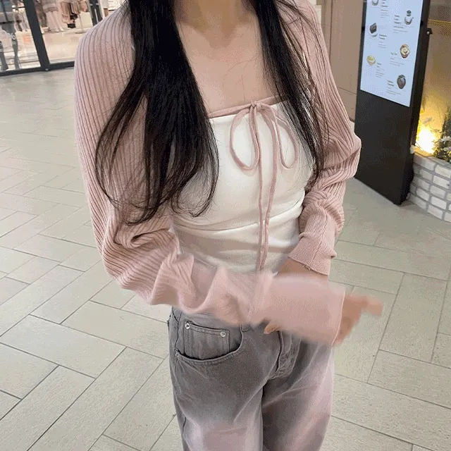 [봄신상🍀] 후쿠후쿠 파우더 리본 크롭 볼레로 가디건 (3 colors)