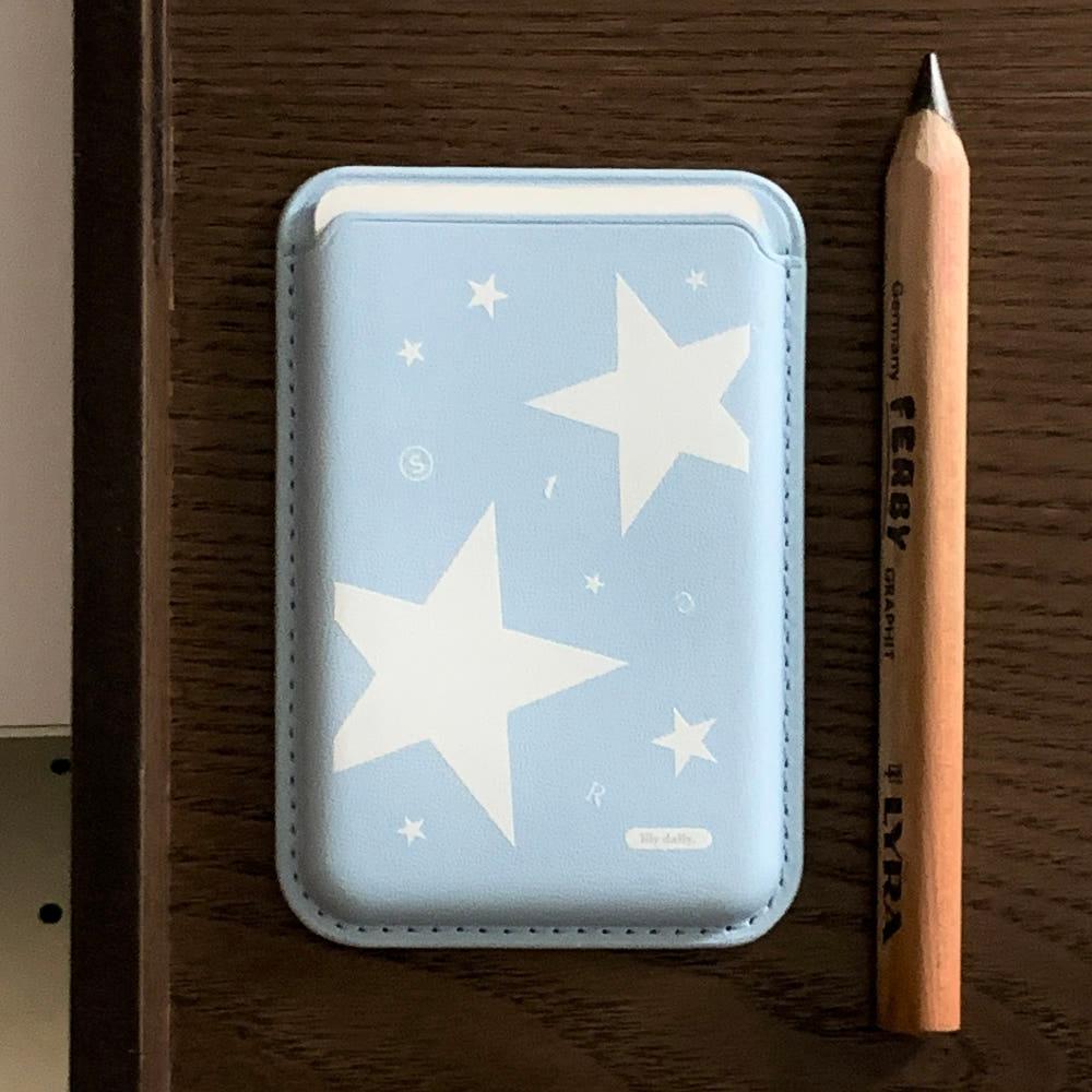 STAR | 맥세이프 가죽 카드 케이스 - 흰색 별 (스카이블루)