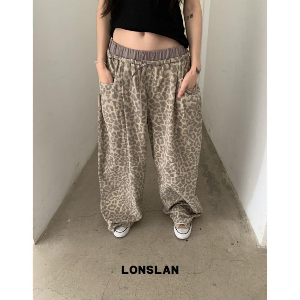 LONSLAN 팬츠 허리밴딩 스티칭 레오파드 프린트 와이드 레그 팬츠 
