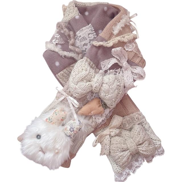 ❁ふわふわうさぎさんのリボンマフラー❁【白×ベージュ】