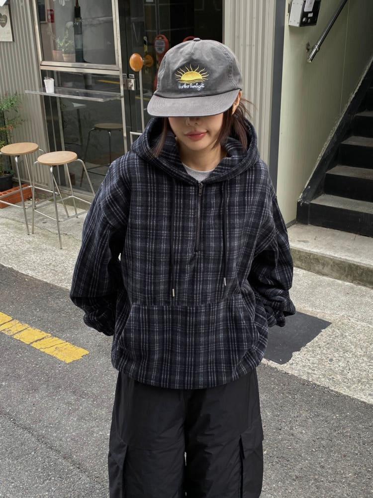 문즈 코드 체크 후리스 후드 반집업 / 2 Color