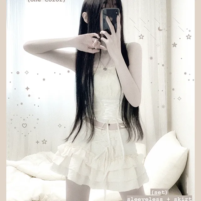 (set/2pc) 코르셋 발레코어 투피스 세트 플라워 패턴 레이스 리본 아일렛 허리끈 블라우스 쫀쫀 밴딩 슬림 크롭티 슬리브리스 나시 + 3단 캉캉 프릴 주름 미니 스커트