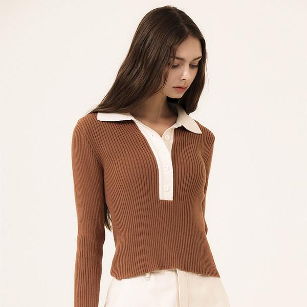 COLOR BLOCK LONG SLEEVED POLO KNIT - BROWN