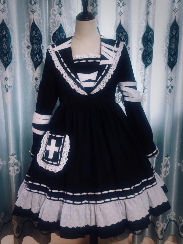 [$84.00]Bandage Doll Bunny Ears Sailor Collar Gothic One Piece Halloween Dress