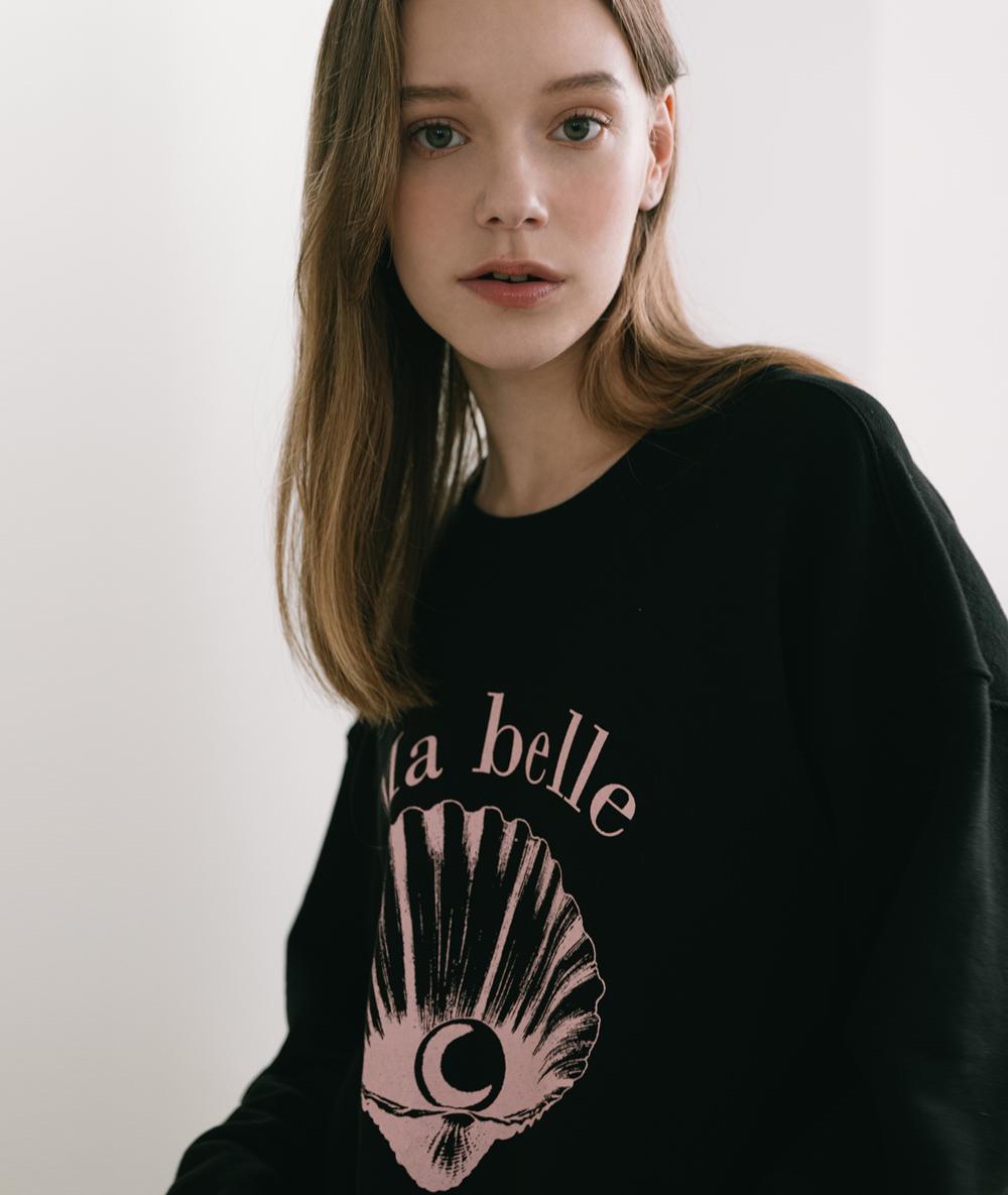 [MA BELLE]  pearl shell crew neck sweatshirts_black