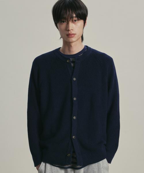 [니티드X패션플래닛] 코튼 와플 라운드 가디건 NAVY