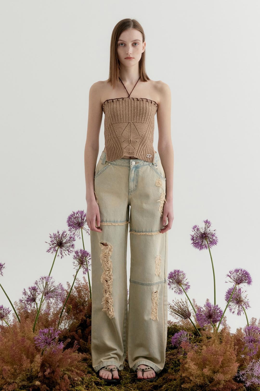 [REFURB] DISTRESSED WIDE DENIM PANTS - YELLOW INDIGO