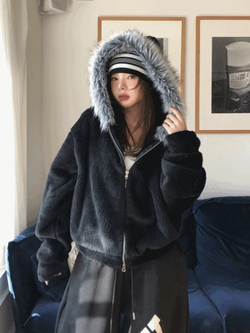 페임 플리스 라쿤 퍼 후드집업