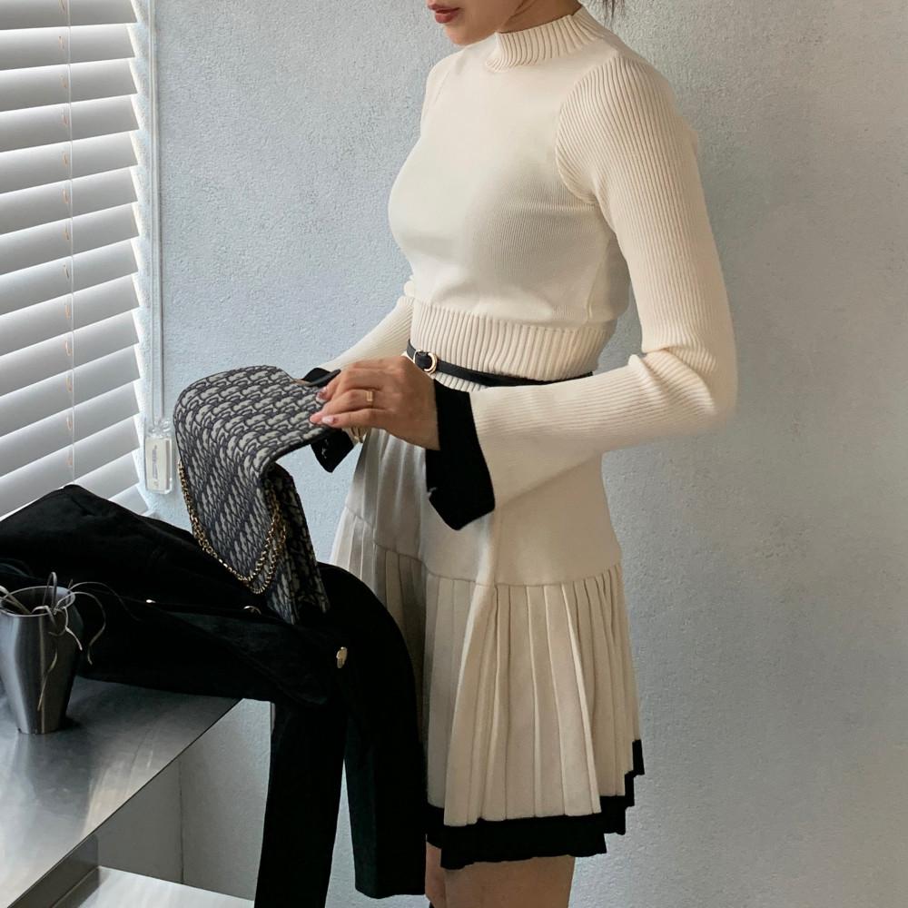 [무배] 배색 반목 니트 플리츠 스커트 투피스 세트 (벨트포함)