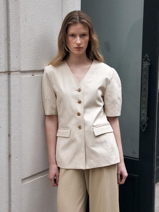 collarless volume sleeve jacket_beige
