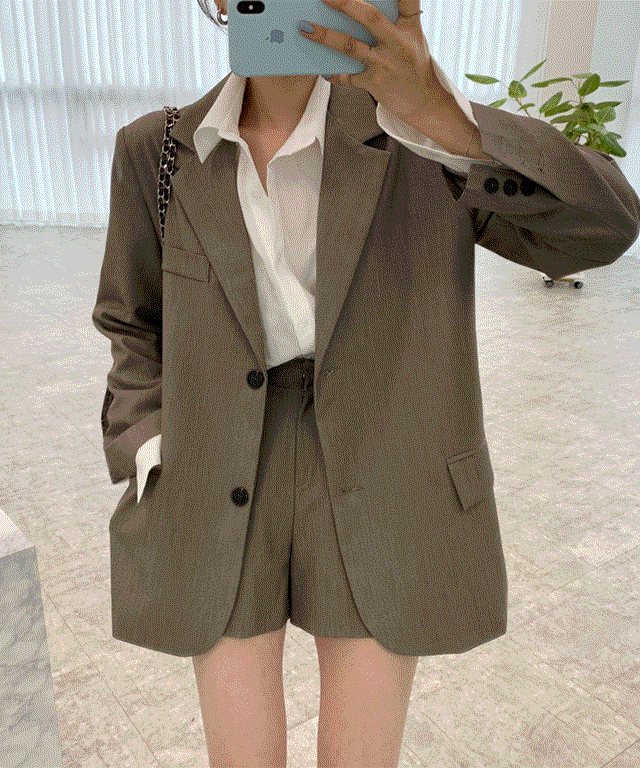 (당일출고/set) 카라 루즈핏 데일리 심플 자켓 블레이저 A라인 반바지 셋업 수트 투피스 세트 3color