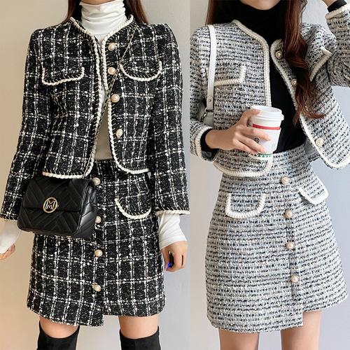 트위드 셋업 수트 체크 무늬 자켓 투피스 세트 2color