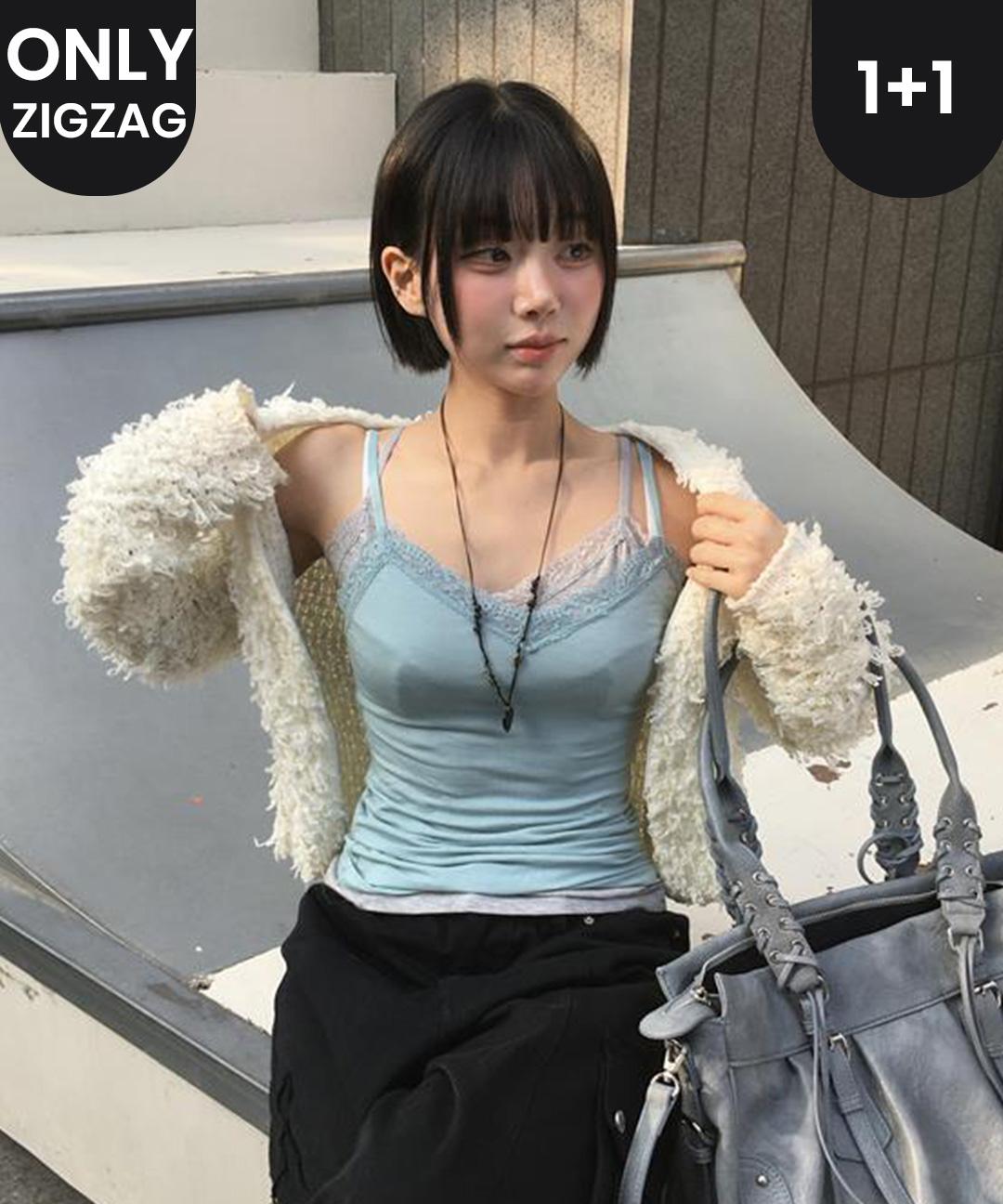 휠라언더웨어 [직잭단독] 란제리코어 레이어드 민트 나시 러버스 레이스 캐미솔+브라 (트라이앵글/스쿱넥) 1+1 속옷세트