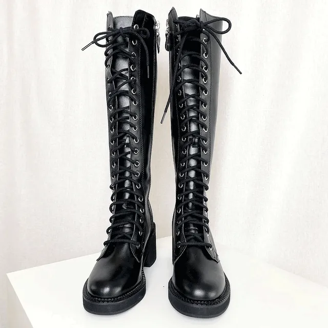 🖤최저가진행/주문폭주!!🖤 통굽 레이스업 가죽 끈 매듭 사이드지퍼 롱 워커 (1color/6cm) 댄서신발 댄스신발 연예인신발 아이돌신발 아이돌롱부츠 아이돌부츠 댄서부츠 레이스