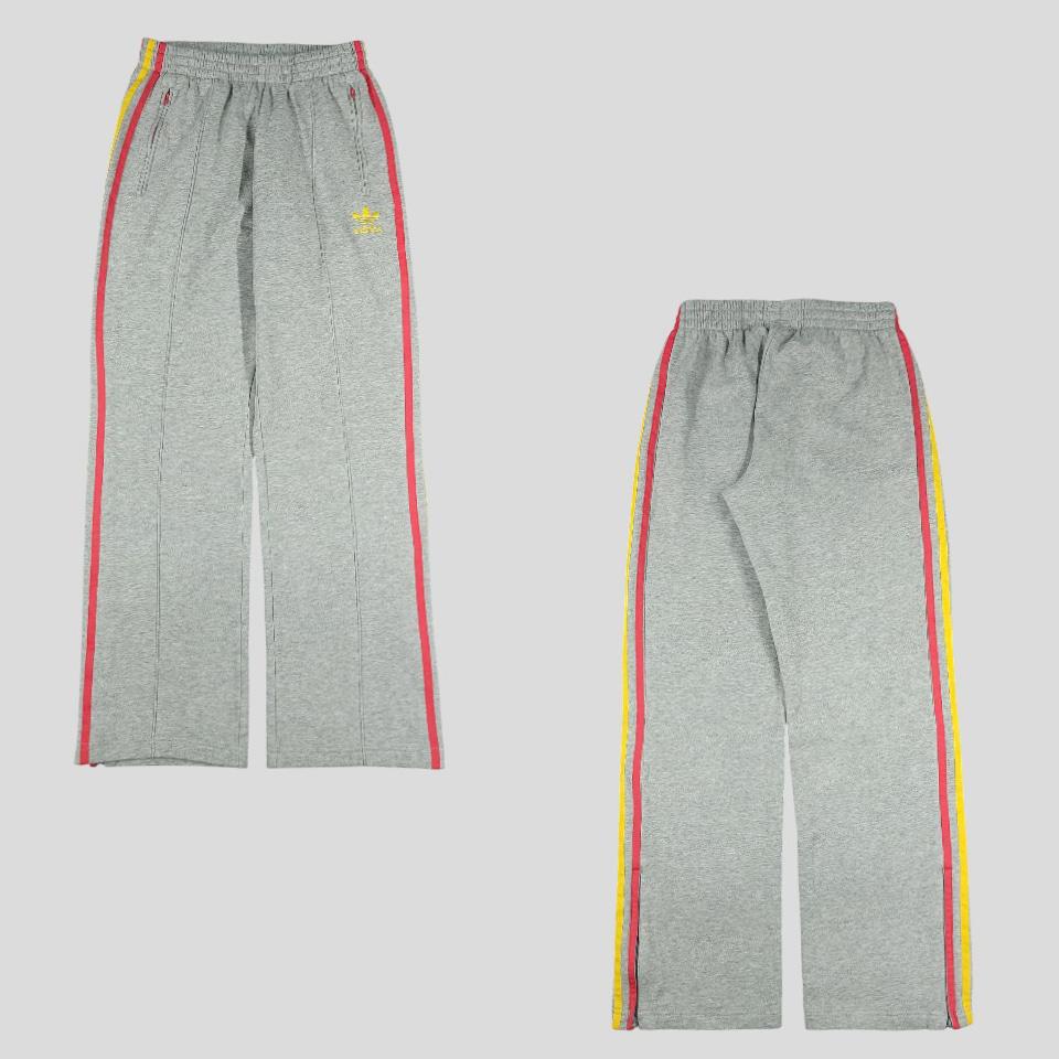아디다스 그레이 옐로우 핑크 트레포일 삼선 절개 와이드 기모 밴딩 스웻팬츠 트레이닝복 27-30