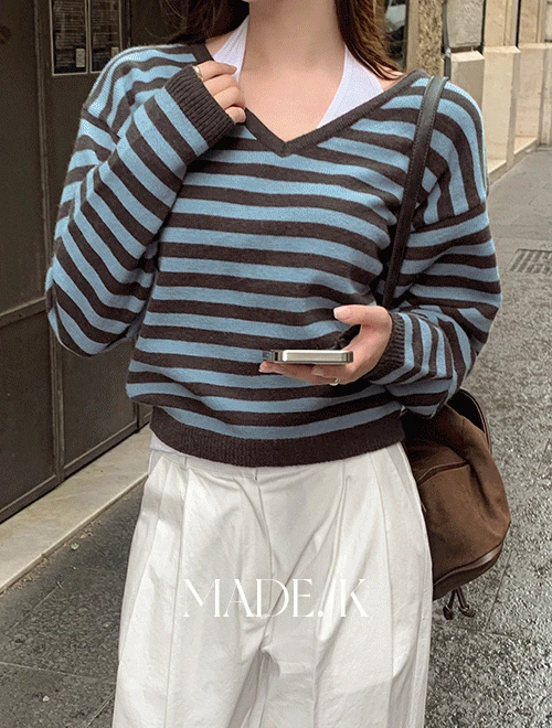 [MADE/오늘출발/뉴컬러추가]레모니 브이넥 스트라이프 니트 (S-L/데일리룩/데이트룩/가을니트/레이어드니트/데일리니트)