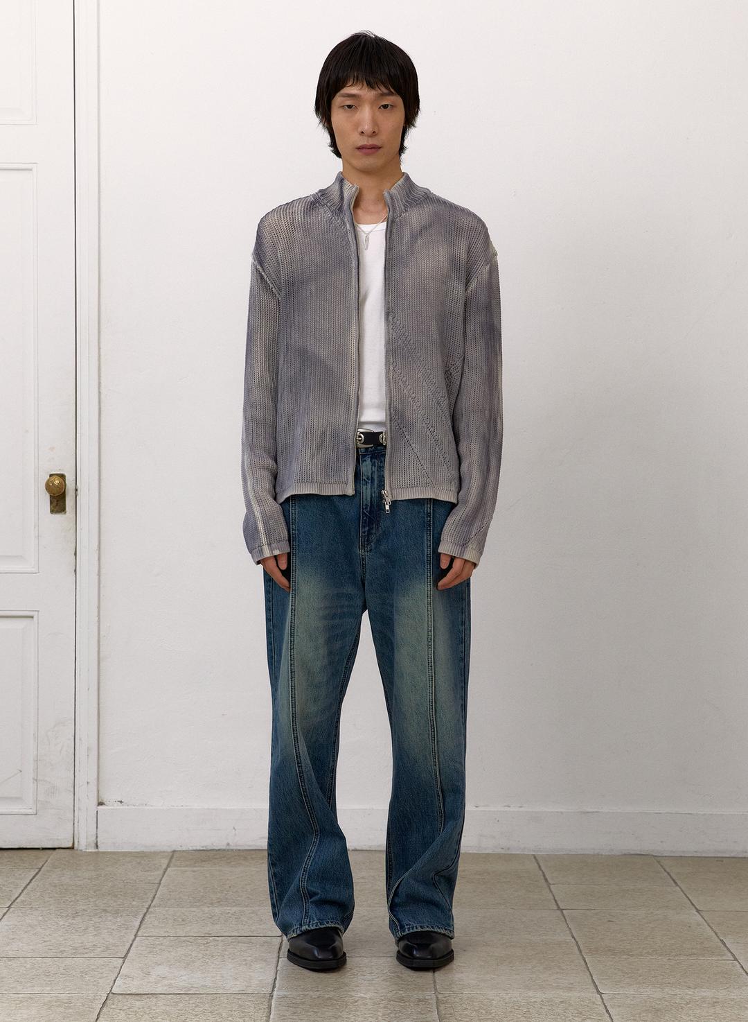 SPRAYED NET ZIP UP CARDIGAN (SPRAY BLACK)